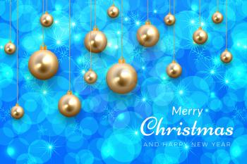 Blue winter celebration background with gold glitter ball ornament for Merry Christmas holiday in December
