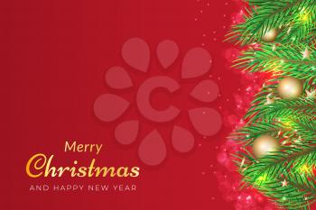 Merry Christmas holiday background in red color with tree branches and glowing golden ornament for December winter celebration greeting card