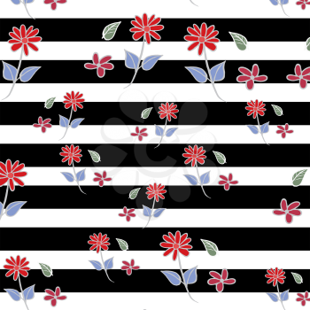 Pale Violet Red flowers on black striped background seamless repeat pattern