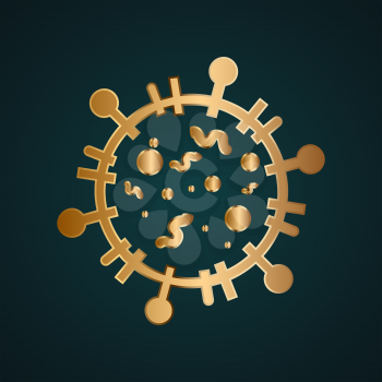 Coronavirus vector, COVID-19 bacteria icon. Gradient gold metal with dark background