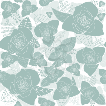Rose flowers silhouettes pastel blue seamless pattern