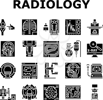 Radiology Equipment Collection Icons Set Vector. Mri And Ultrasound, Ct Scan And Fluoroscope Radiology Hospital Medical Device Glyph Pictograms Black Illustrations