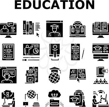 Online Education Book Collection Icons Set Vector. Online Education Lesson And Library, Internet Test And Examination, Student Graduate Glyph Pictograms Black Illustrations