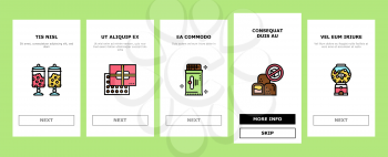 Candy Shop Product Onboarding Mobile App Page Screen Vector. Candy Shop Building And Vending Machine Equipment For Selling Chewing Gum And Cookie, Chocolate And Cake Illustrations