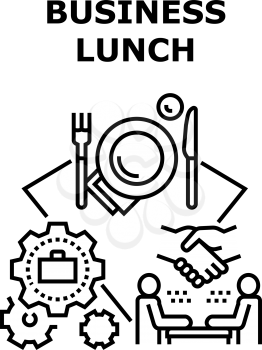Business Lunch Vector Icon Concept. Entrepreneur Meeting At Business Lunch For Discussing About Agreement And Partnership, Eating Delicious Meal And Enjoying Drink. Working Process Black Illustration