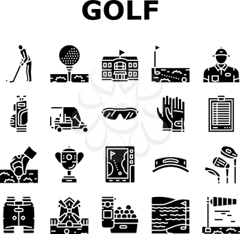 Golf Sportive Game On Playground Icons Set Vector. Ball And Clubs In Bag, Caddy And Gps Digital Gadget, Cup Award Score, Gloves Sunglasses Golf Player Accessories Glyph Pictograms Black Illustrations