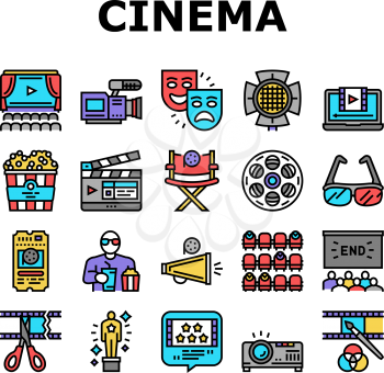 Cinema Watch Movie Entertainment Icons Set Vector. Booking Ticket And Buying Popcorn With Drink For Watching Film In Cinema, Projector And 3d Glasses Tool Line. Color Illustrations