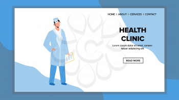 Health Clinic Worker Doctor With Checklist Vector. Health Clinic Employee Man Wearing Professional Suit And Medicine Equipment On Head. Character Medical Consult Web Flat Cartoon Illustration
