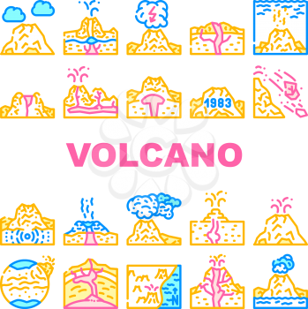 Volcano Lava Eruption Collection Icons Set Vector. Volcano Under Water And Stratovolcano Mountain, Volcanic Bomb, Magma, Dirty Thunderstorm And Mud Concept Linear Pictograms. Contour Illustrations