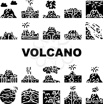 Volcano Lava Eruption Collection Icons Set Vector. Volcano Under Water And Stratovolcano Mountain, Volcanic Bomb, Magma, Dirty Thunderstorm And Mud Glyph Pictograms Black Illustrations