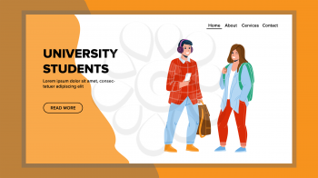 University Students Waiting Lesson Together Vector. University Students Boy With Mobile Phone Listen Audio Book In Earphones And Girl With Backpack On Lecture. Characters Web Flat Cartoon Illustration