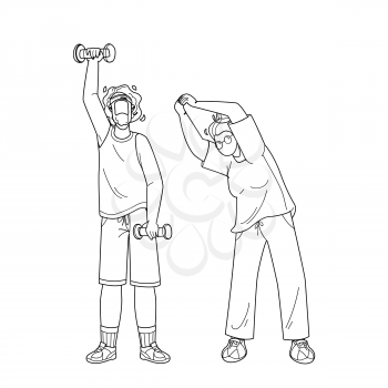 Elderly Fitness Exercising Senior Couple Black Line Pencil Drawing Vector. Old Man And Woman Make Fitness Exercise, Grandfather Working With Dumbbells And Grandmother Making Physical Jerks. Characters Illustration