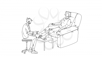 Pedicure Getting Woman In Beauty Salon Black Line Pencil Drawing Vector. Pedicure Specialist Make Procedure Foot Finger Nail With Tool. Characters Spa Salon Service, Hygiene Treatment Illustration