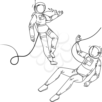 Astronauts In Spacesuit Flying Outer Space Black Line Pencil Drawing Vector. Cosmonauts Man And Woman Wearing Spacesuit And Helmet. Characters Spacepeople Universe Cosmos Explorer Mission Illustration
