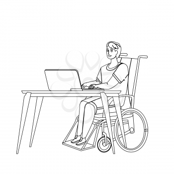 Disabled Worker At Workplace Remote Working Black Line Pencil Drawing Vector. Disabled Worker Sitting On Wheelchair Work Distance Or In Office, Disability Employee. Invalid Man Job Illustration