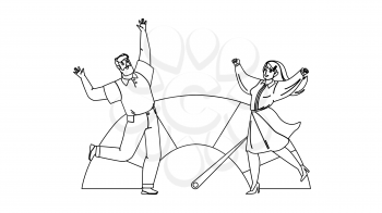 Good Credit Score Celebrate Man And Woman Black Line Pencil Drawing Vector. Businessman And Businesswoman Dancing And Celebrating Good Credit Score. Characters Family Couple Finance Illustration
