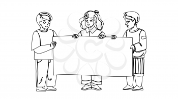 Kids With Blank Advertise Poster Together Black Line Pencil Drawing Vector. Boys And Girl Children Holding Advertising Poster Paper. Characters Infants Staying With Promotional Banner Illustration