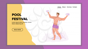 On Pool Festival Event Dancing Young Man Vector. Happy Guy In Swimming Costume Resting And Dance On Pool Festival. Joyful Character Boy Vacation Recreation Web Flat Cartoon Illustration