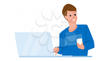 Contuct Us Customer Online Support Service Vector. Young Man Client Using Smartphone And Pushing Contuct Us Button On Internet Page For Consultation. Character Flat Cartoon Illustration