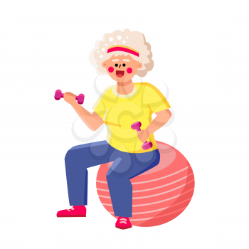 Senior Woman Hold Dumbbells Sit On Fit Ball Vector. Old Lady Holding Sportive Equipment Sitting On Fit Ball. Character Elderly Grandmother Training Sport Exercise Flat Cartoon Illustration