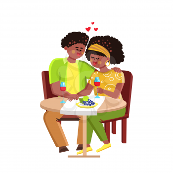 African American Couple Dating Together Vector. Young Man And Woman Romantic Dating, Sitting At Restaurant Table, Eating Dessert And Drink Wine. Characters Relationship Flat Cartoon Illustration