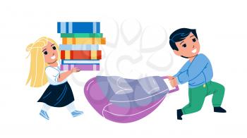 School Kids Go At Lesson With Bag And Books Vector. Boy And Girl Children Going To School With Backpack And Educational Literature. Characters Schoolboy And Schoolgirl Flat Cartoon Illustration