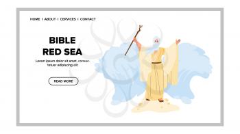 Bible Red Sea Moses Prepare Way For Jews Vector. Bible Red Sea Religious Man With Stick Doing Miracle For Escape Slave From Egypt. Character Judaism Religion Story Web Flat Cartoon Illustration