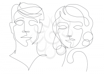 vector illustration set of abstract faces one line drawing. Couple portret minimalistic style