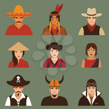 vector different characters pirate, pilot, cowboy, viking, mexiacn, indian, american and asian people faces,