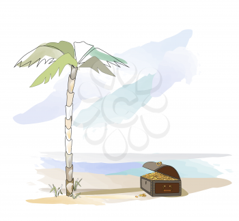 Happy adventure for the treasure. Robinson tour. Island and palm. The dream and the tourism. Island and palm for great vocation. Illustration for a book, map, poster, game and background. Beautiful booklet for tourism.