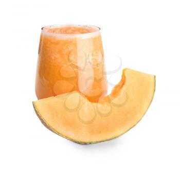 Glass of fresh melon smoothie on white background�