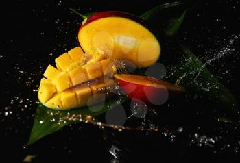 Ripe cut mango with water splash on dark background�