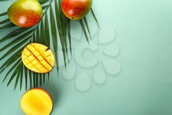 Tasty fresh mango with tropical leaf on color background�