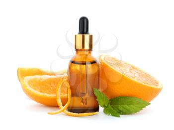 Citrus essential oil on white background�