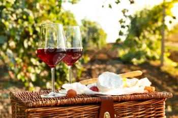 Glasses of tasty wine and snacks on picnic basket in vineyard�