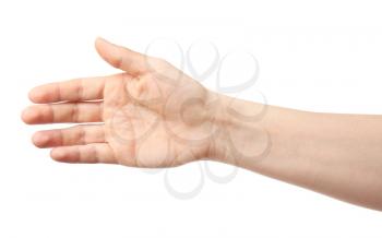 Hand of woman on white background�