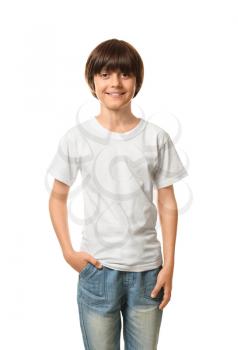 Smiling little boy in t-shirt on white background�