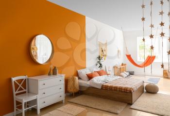 Interior of living bedroom with stylish hammock�