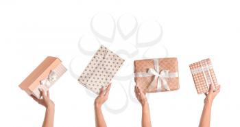 Hands with gift boxes on white background�