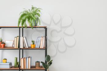 Shelf unit with books near light wall�