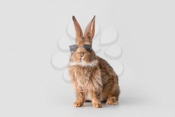 Cute fluffy rabbit with funny decor on light background�