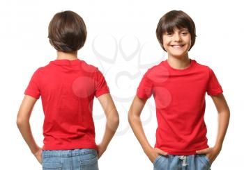 Little boy in t-shirt on white background. Front and back view�