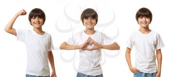 Collage with little boy in t-shirt on white background�