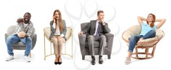 Collage with different people sitting in armchairs on white background�