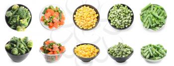 Collage of different frozen vegetables on white background�