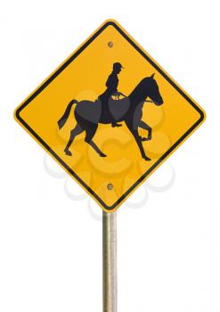 Horse rider warning traffic sign isolated on a white blackground 