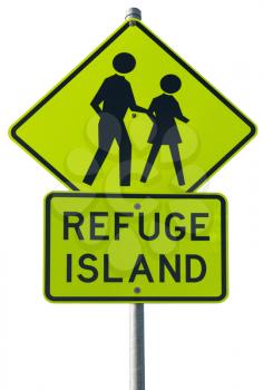 refuge island warning traffic sign isolated on a white blackground 