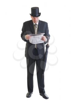 Middle aged  businessman in a retro business suit with newspaper and umbrella isolated on white.