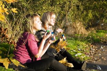 Royalty Free Photo of Women Blowing Bubbles in a Park