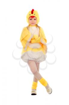 Pretty little girl dressed as a chicken. Isolated